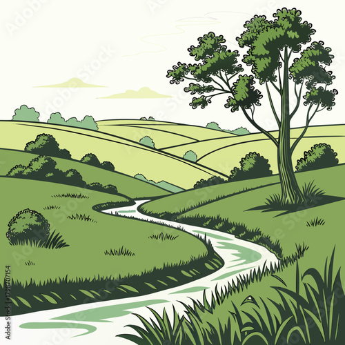 Idyllic countryside landscape with river winding through green rolling hills