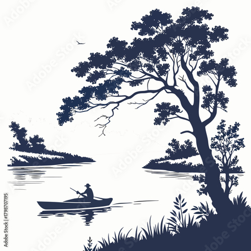Monochrome illustration of a man kayaking on a lake, isolated on