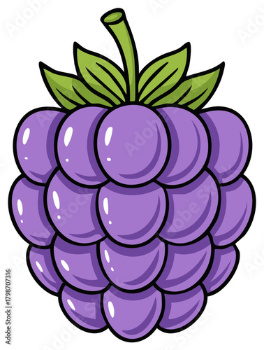 Cartoon illustration of a fresh purple blackberry with green leaves and stem.