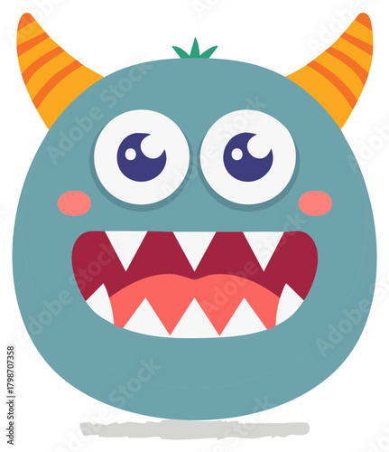 Cute Teal Monster with Googly Eyes, Striped Horns, and Toothy Grin Isolated