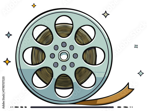 Vintage movie film reel with unwinding strip and bright star details illustration