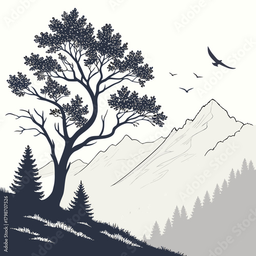 Silhouette of a tree with mountains and birds isolated on
