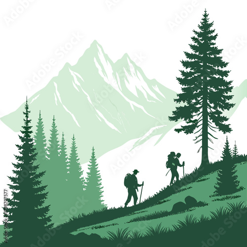 Hikers in the mountains with forest landscape isolated on