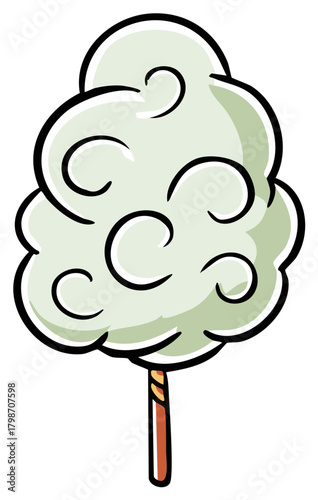 Cartoon style cotton candy with brown stick, sweet treat in a fun illustration.