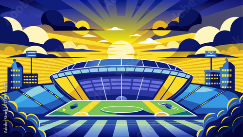 Illustration of a soccer stadium at sunset