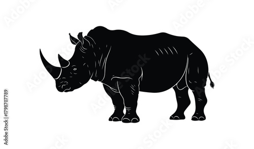 Silhouette of a rhinoceros standing on a white background