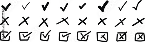 Check tick mark icon set. Cross box x check mark checkbox v list vector draw hand drawn sketch doodle brush marker checklist symbol wrong right circle. Vector Illustration