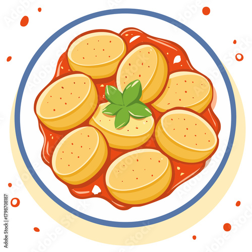 Delicious Potato Gnocchi Pasta in Rich Red Sauce with Green Basil Leaf Illustration