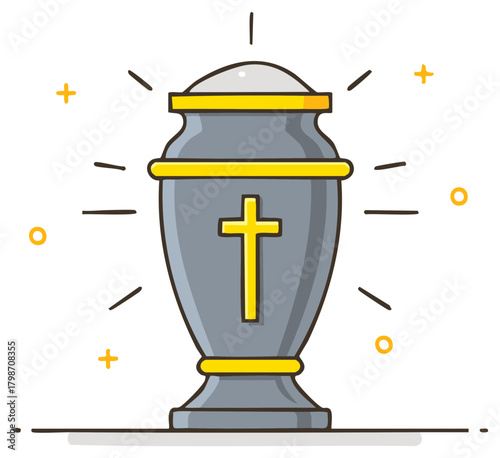 Gray and gold cremation urn with a religious Christian cross symbol for a funeral vector illustration