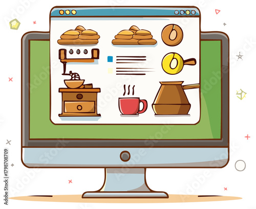 Computer Screen Displaying Coffee Elements and Coffee Shop Supplies for an Online Store