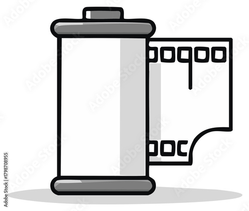 Stylized 35mm film canister with sprocket holes visible on the film strip