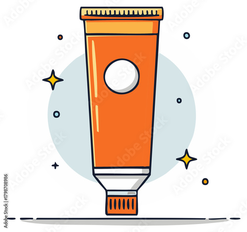 Illustrated tube of ointment for skincare sun protection with stars and circles surrounding it