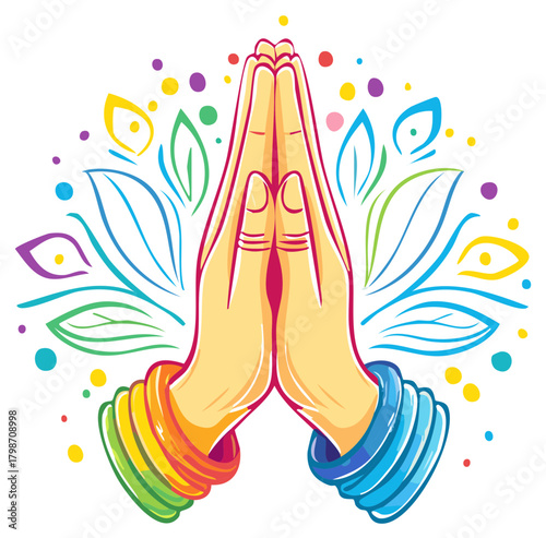 Hands in Prayer Position with Colorful Bracelets and Floral Elements Spiritual Graphic