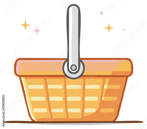 Simple Cartoon Orange Picnic or Shopping Basket with Handle and Sparkles