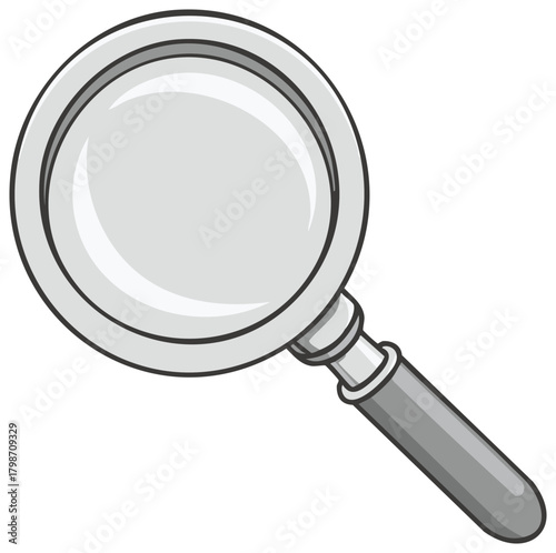 Simple cartoon magnifying glass with a silver frame and grey handle on a white background