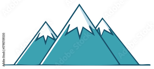 Stylized Peaks Illustration Azure Mountains with Snow Caps Graphic Blue Hues Outdoors Adventure Travel