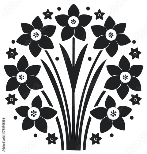 Stylized Black and White Daffodil Floral Arrangement Folk Art Illustration