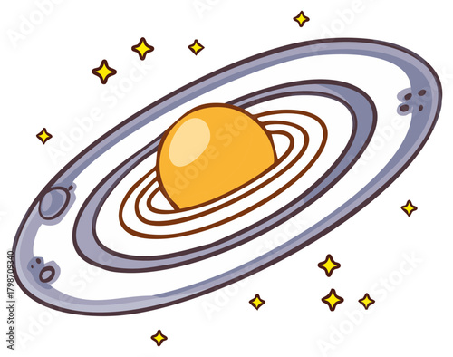 Cartoon illustration of a planet with rings and stars in a simple, whimsical style