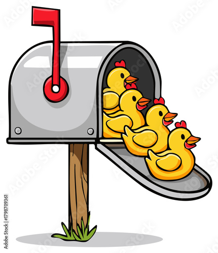 Cartoon mail box with cute yellow ducklings