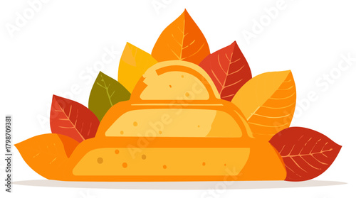 Delicious golden pancakes or pastry stack surrounded by vibrant autumn foliage fall illustration