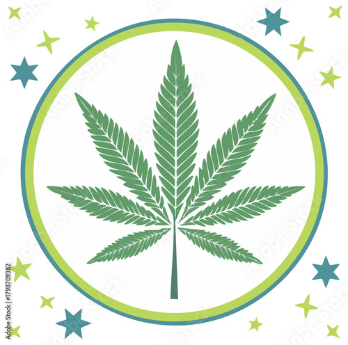Green cannabis leaf icon in a circular frame with stars. Marijuana vector illustration for wellness and herbal concepts.