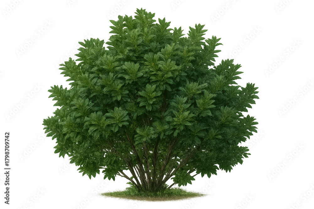 Fototapeta premium Green deciduous bush, shrub with dense foliage and leaves, transparent background, isolated for architectural landscaping