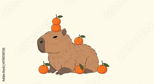 A cute capybara sits calmly with a stack of fresh oranges balanced on its head and surrounding its body in a whimsical illustration.