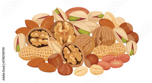 Diverse and wholesome mix of nuts, including walnuts, almonds, peanuts, pistachios, and hazelnuts, piled together on a white background.