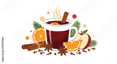 A delightful illustration of steaming mulled wine in a mug, adorned with oranges, apples, cinnamon, star anise, and cloves, perfect for cozy winter holidays.