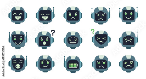 Collection of blue robot head emoticons displaying a wide range of emotions and functional states like happiness, sadness, anger, and low battery.