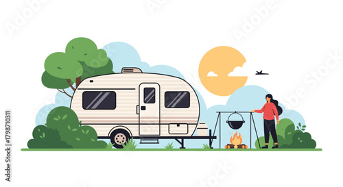A woman prepares a meal over a campfire next to a travel trailer in a serene natural setting, capturing the essence of outdoor camping.