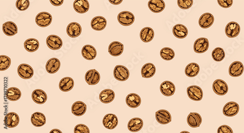 Seamless pattern of walnuts, some whole and some cracked open, scattered randomly on a light beige background, illustrating healthy eating and natural food.