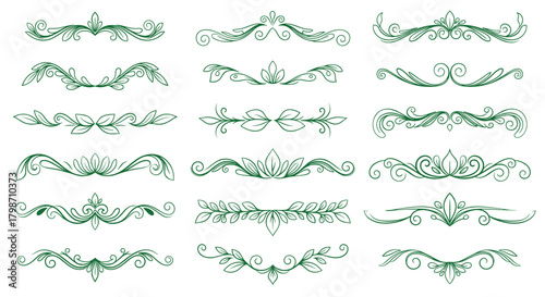 A collection of elegant hand-drawn green floral page dividers and text ornaments, perfect for design accents and decorative elements.