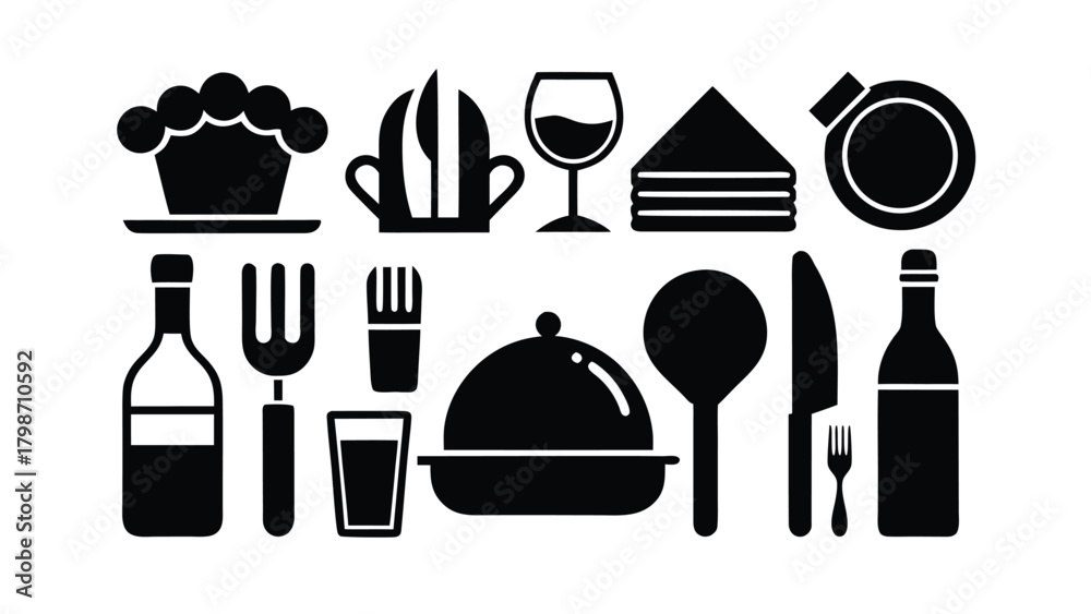 Fototapeta premium Assorted Black Food and Drink Icons and Kitchen Utensil Silhouettes on White restaurant