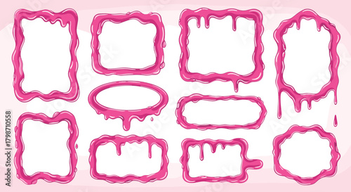 Collection of sweet pink frames with a dripping jelly or glaze effect in various shapes and sizes, suitable for fun and playful designs.
