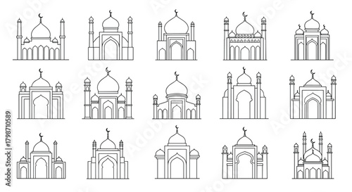 A collection of diverse minimalist line art illustrations depicting various mosque designs, featuring traditional Islamic architecture with domes and minarets.