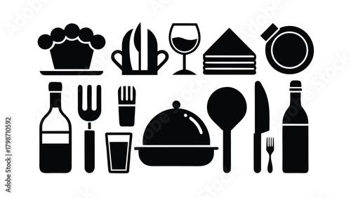 Assorted Black Food and Drink Icons and Kitchen Utensil Silhouettes on White restaurant