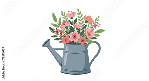 Beautiful illustration of a vintage-style grey watering can overflowing with a colorful assortment of fresh pink and coral blossoms and green foliage.