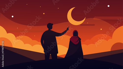 Silhouetted couple watching the crescent moon