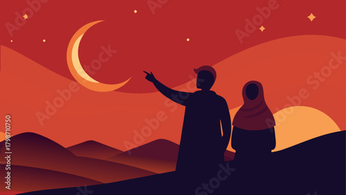 Silhouette couple watching crescent moon