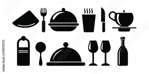 Assorted Black Food and Drink Icons on White Background collection