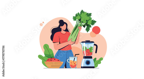 A woman holds a large bunch of celery, preparing to make a healthy green juice or smoothie with fresh vegetables in a blender.