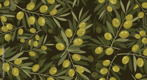 A seamless pattern of olive branches with fresh green olives and leaves, showcasing a natural, organic, and rustic Mediterranean theme.