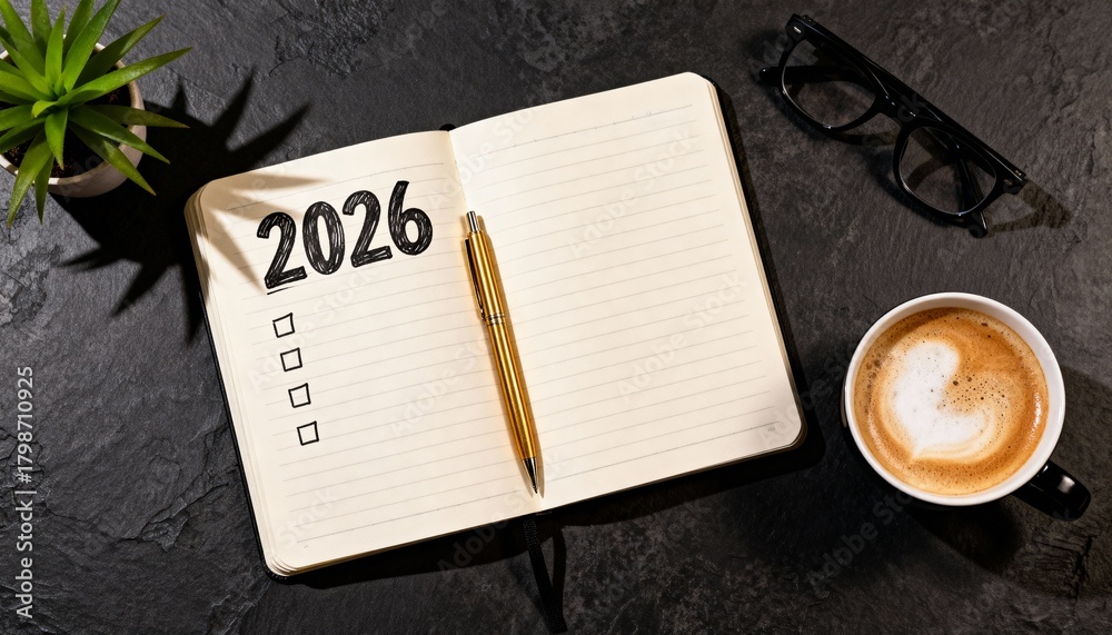 Fototapeta premium Minimalist 2026 Resolution Planner at Desk
