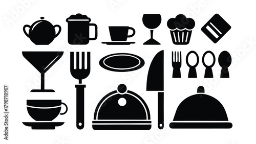 Assorted black icons for food, drink, and kitchenware on white collection