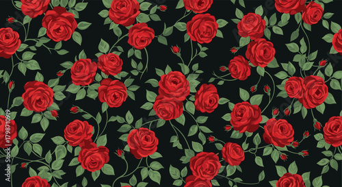 Beautiful seamless pattern of vibrant red roses with green leaves and winding stems on a deep black background, ideal for various design projects.