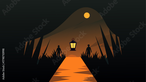 People walking towards a glowing lantern