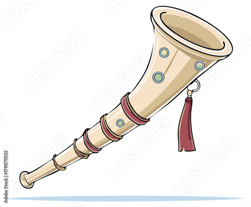 Cartoon illustration of a traditional wind instrument with ornamental design and tassel.