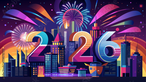 City skyline with fireworks and the year