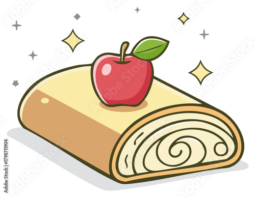 Sweet delicious cartoon cake roll topped with a vibrant red apple and sparkles